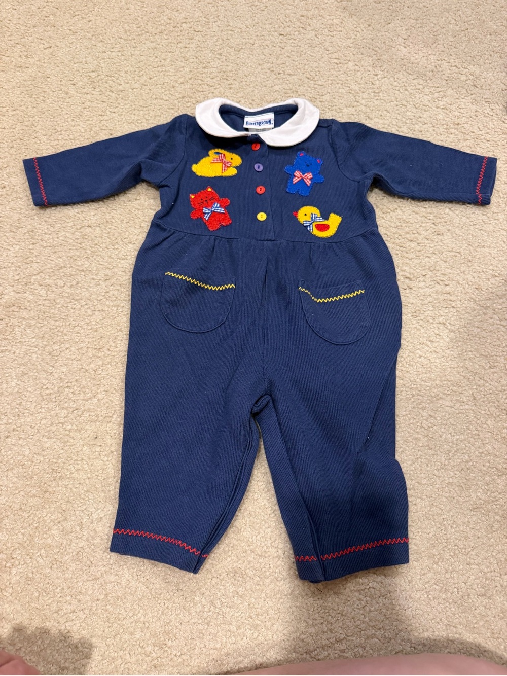 Vintage Buster Brown Navy Baby Romper with White Collar and Colorful Appliqués
